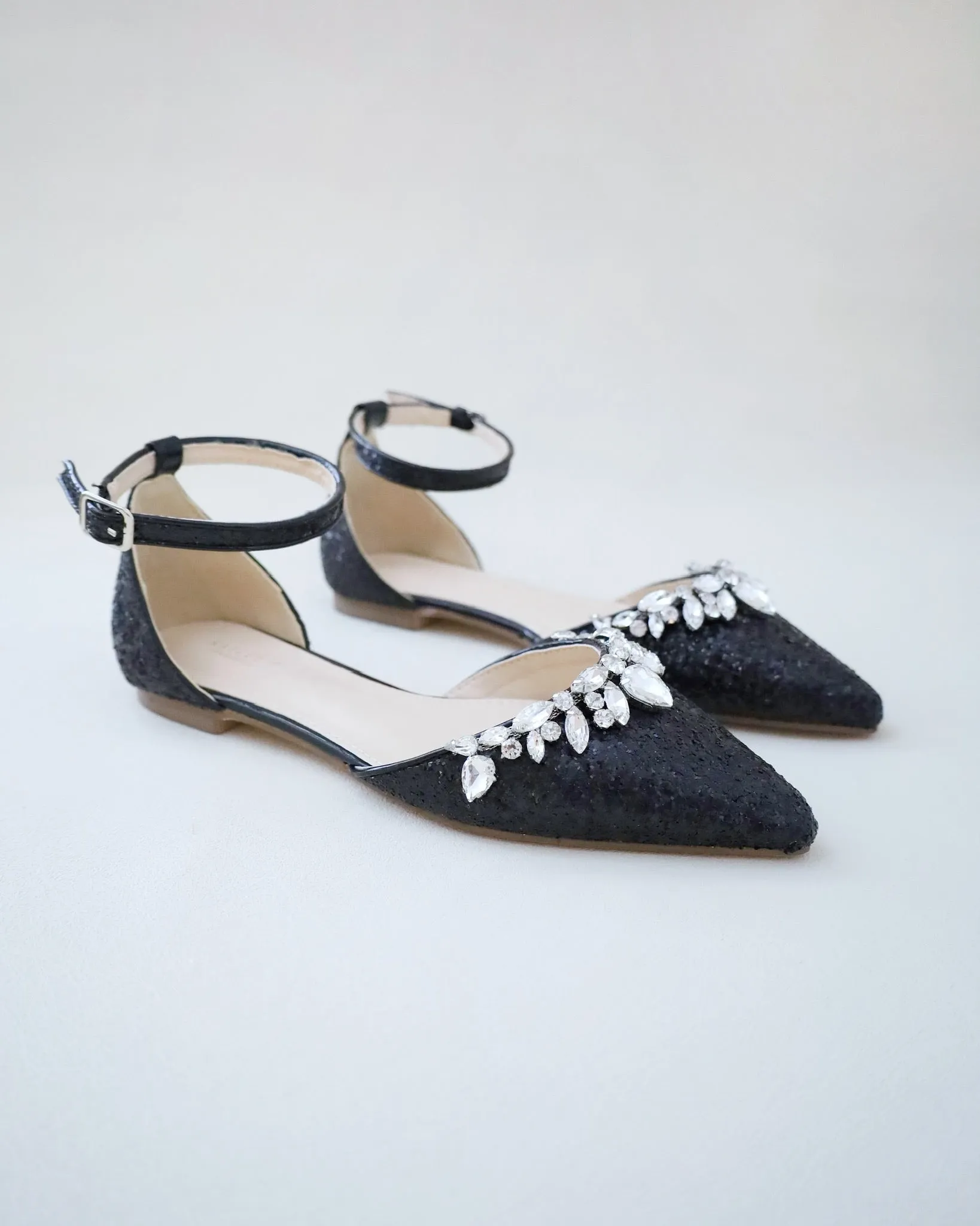 Black Pointy Toe Glitter Ankle Strap Flats with Teardrop Rhinestones