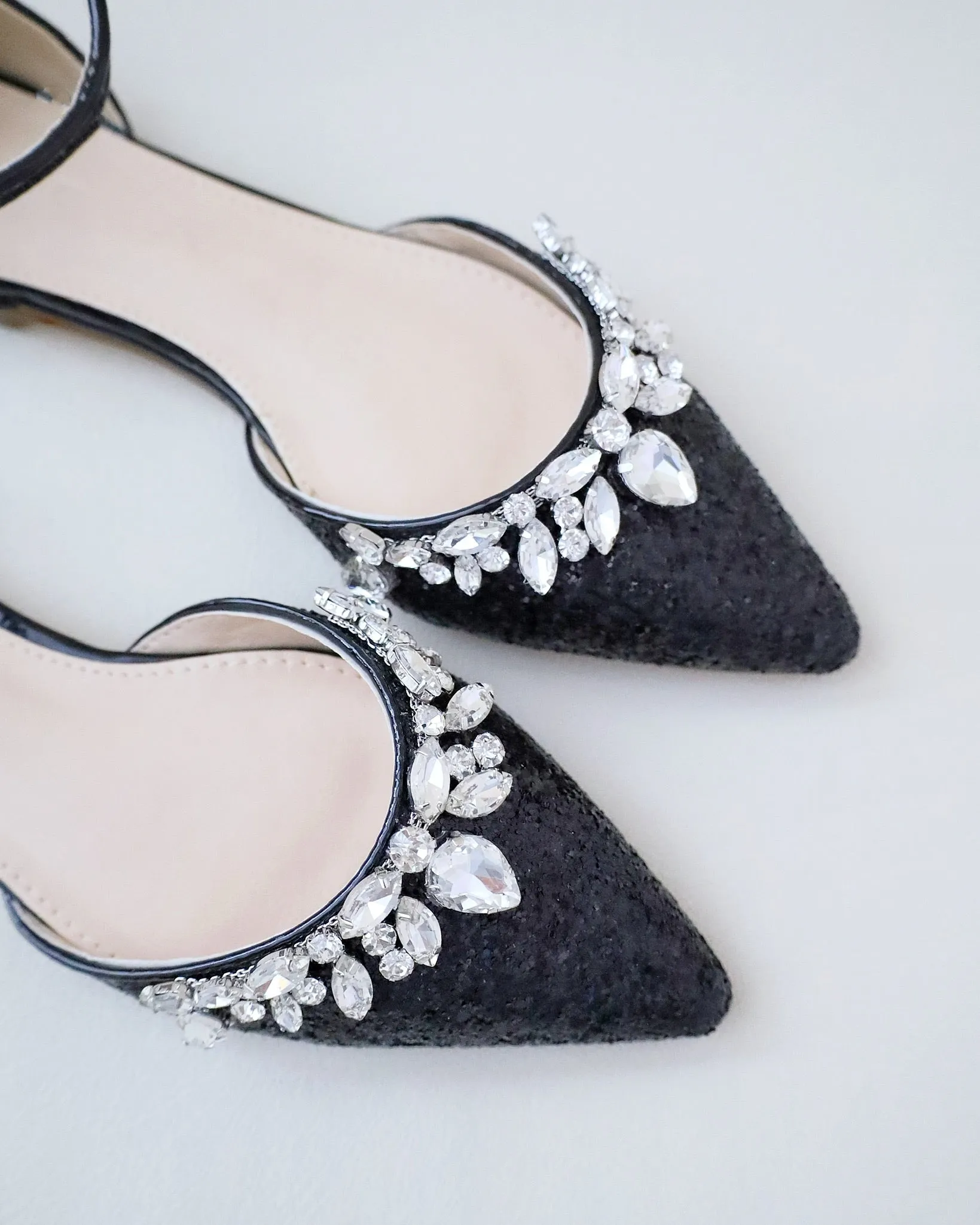 Black Pointy Toe Glitter Ankle Strap Flats with Teardrop Rhinestones