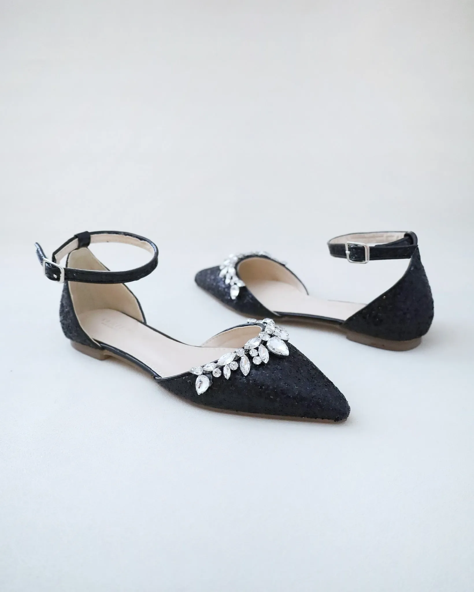 Black Pointy Toe Glitter Ankle Strap Flats with Teardrop Rhinestones