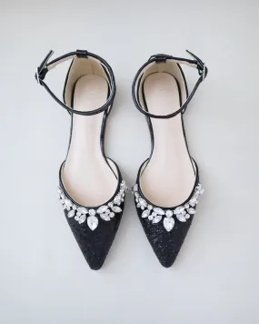 Black Pointy Toe Glitter Ankle Strap Flats with Teardrop Rhinestones