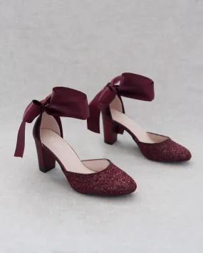 Burgundy Rock Glitter Block Heel with Wrapped Satin Tie