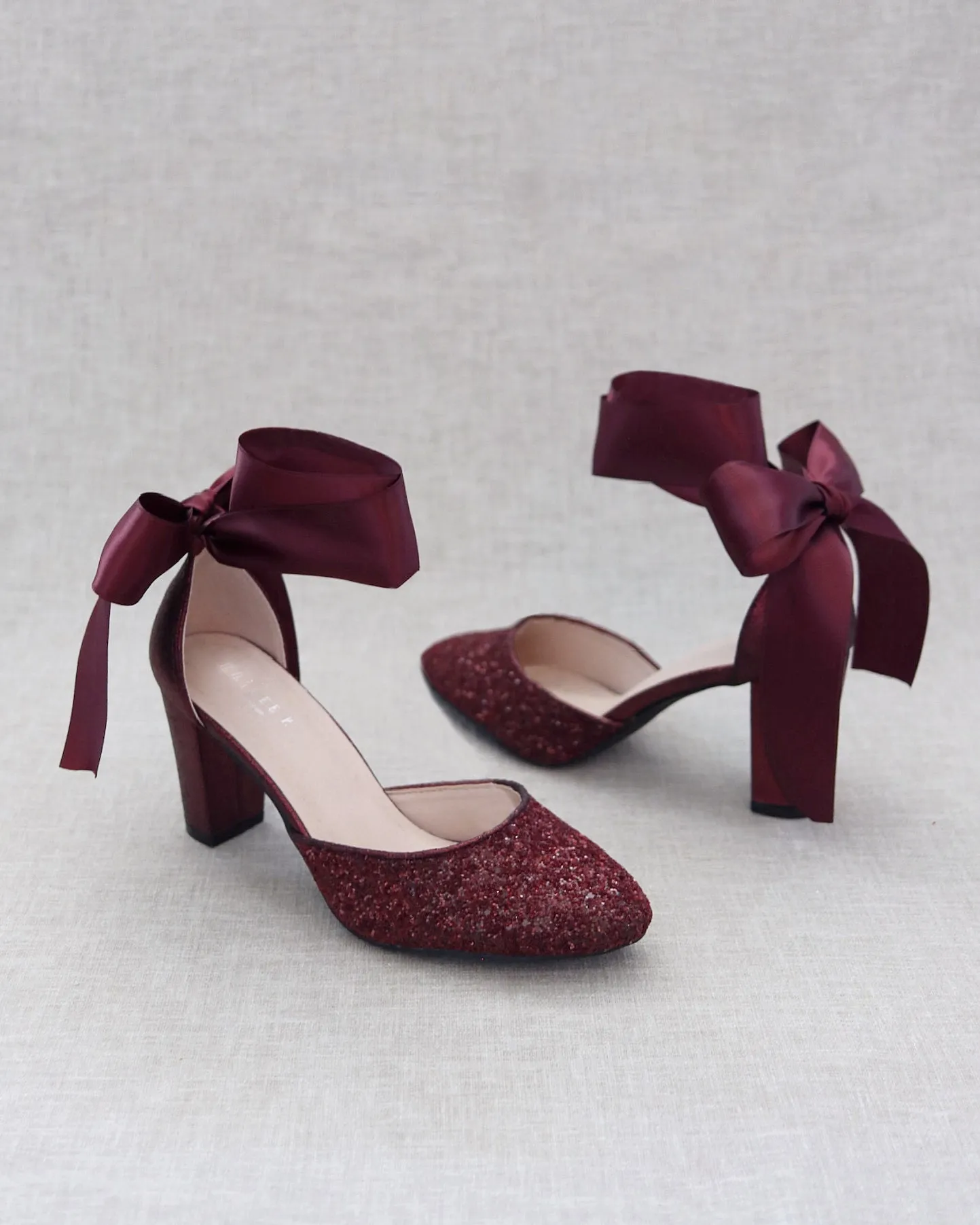 Burgundy Rock Glitter Block Heel with Wrapped Satin Tie