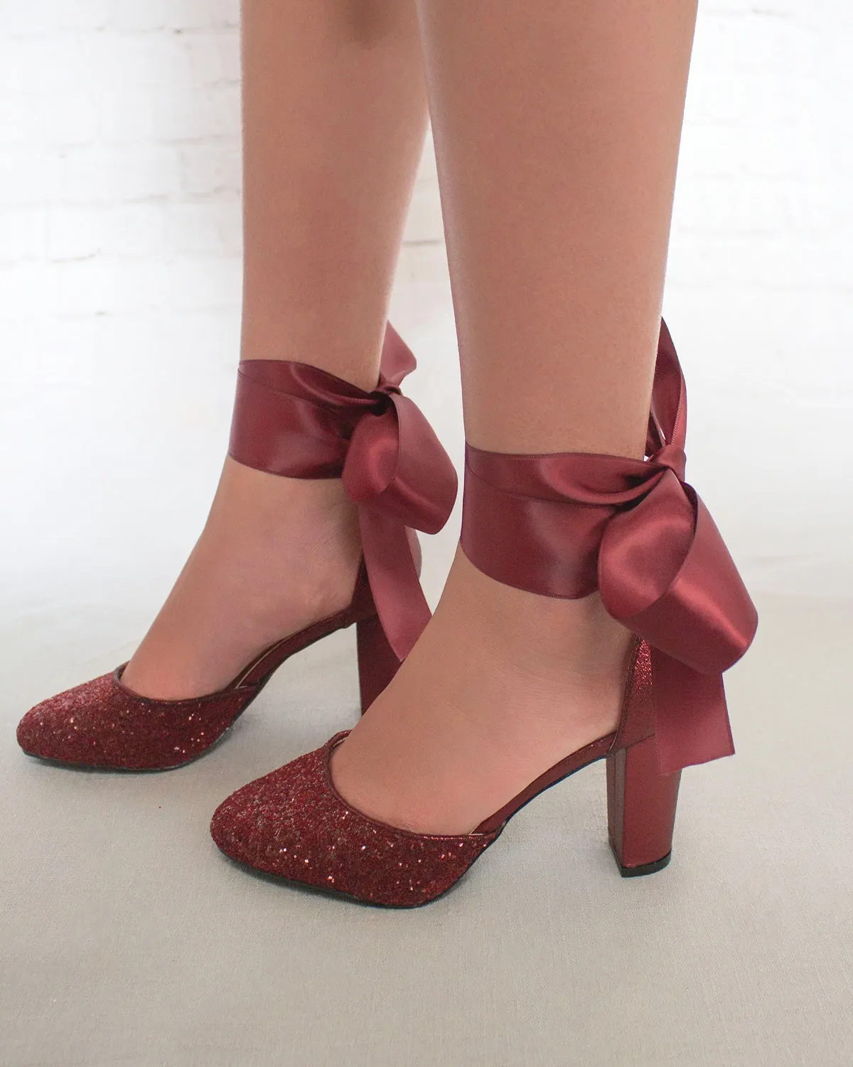 Burgundy Rock Glitter Block Heel with Wrapped Satin Tie