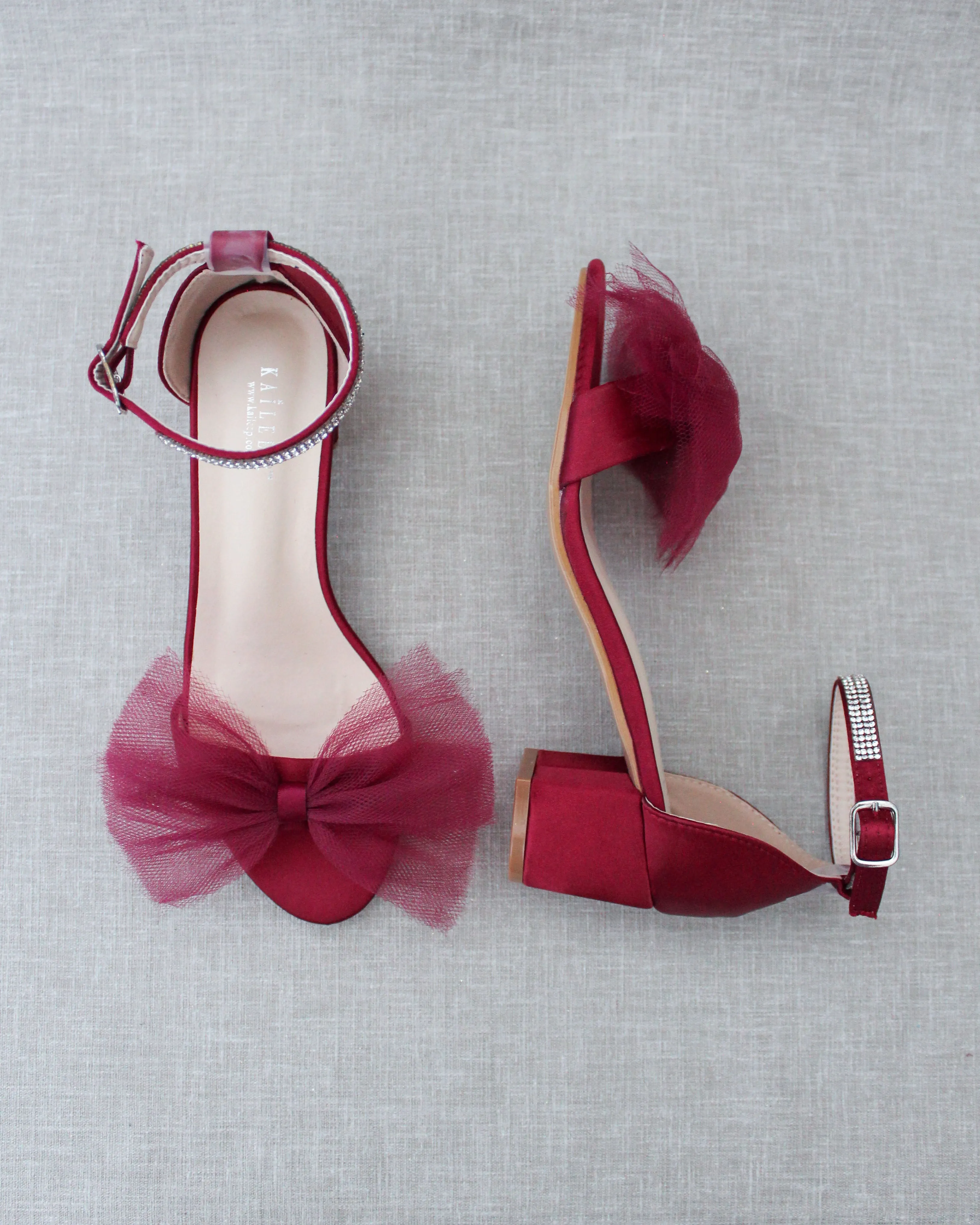 Burgundy Satin Block Heel Sandal with Oversized Front Tulle Bow