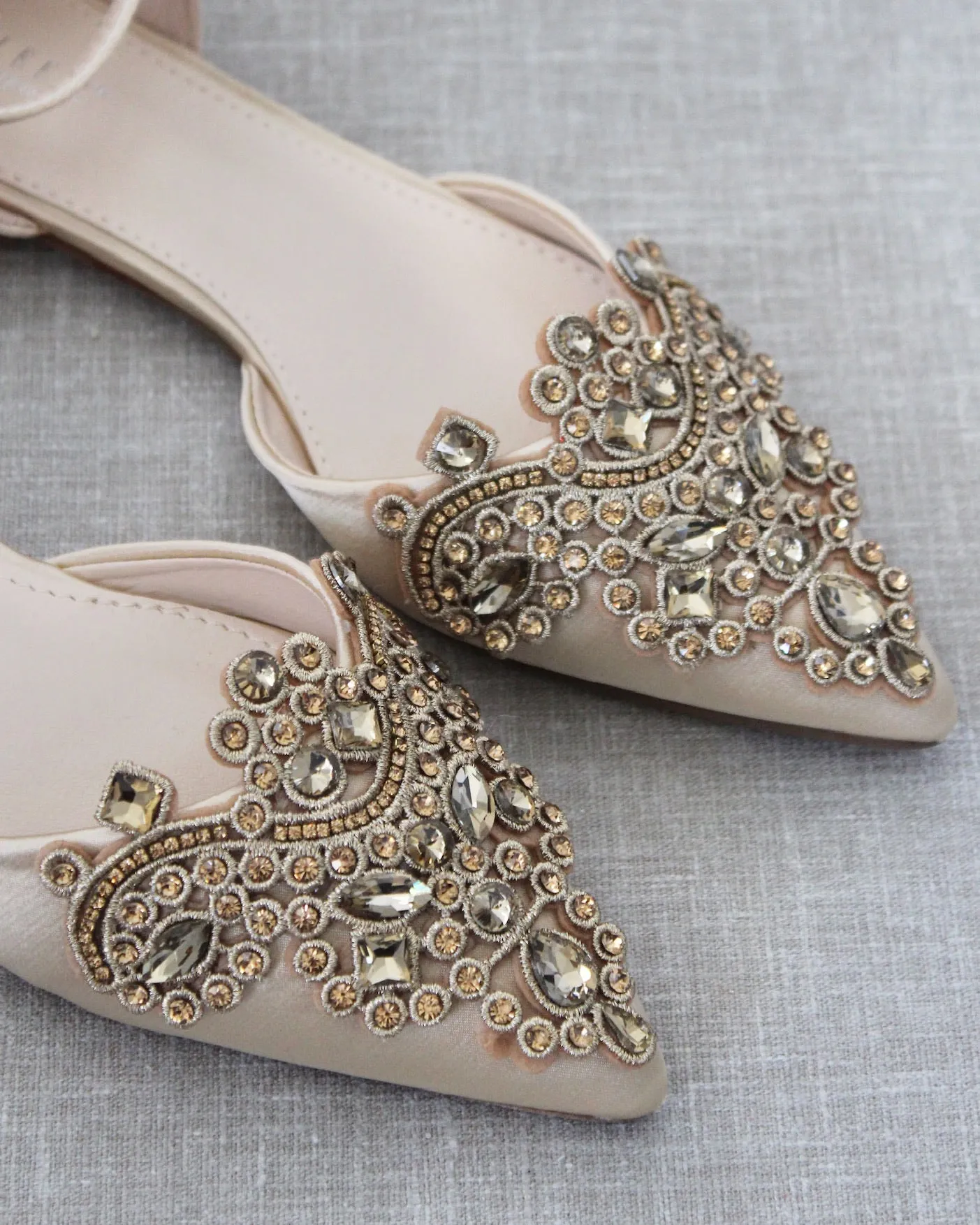 Champagne Satin Pointy Toe Flats with Oversized Rhinestones Applique Embellishments