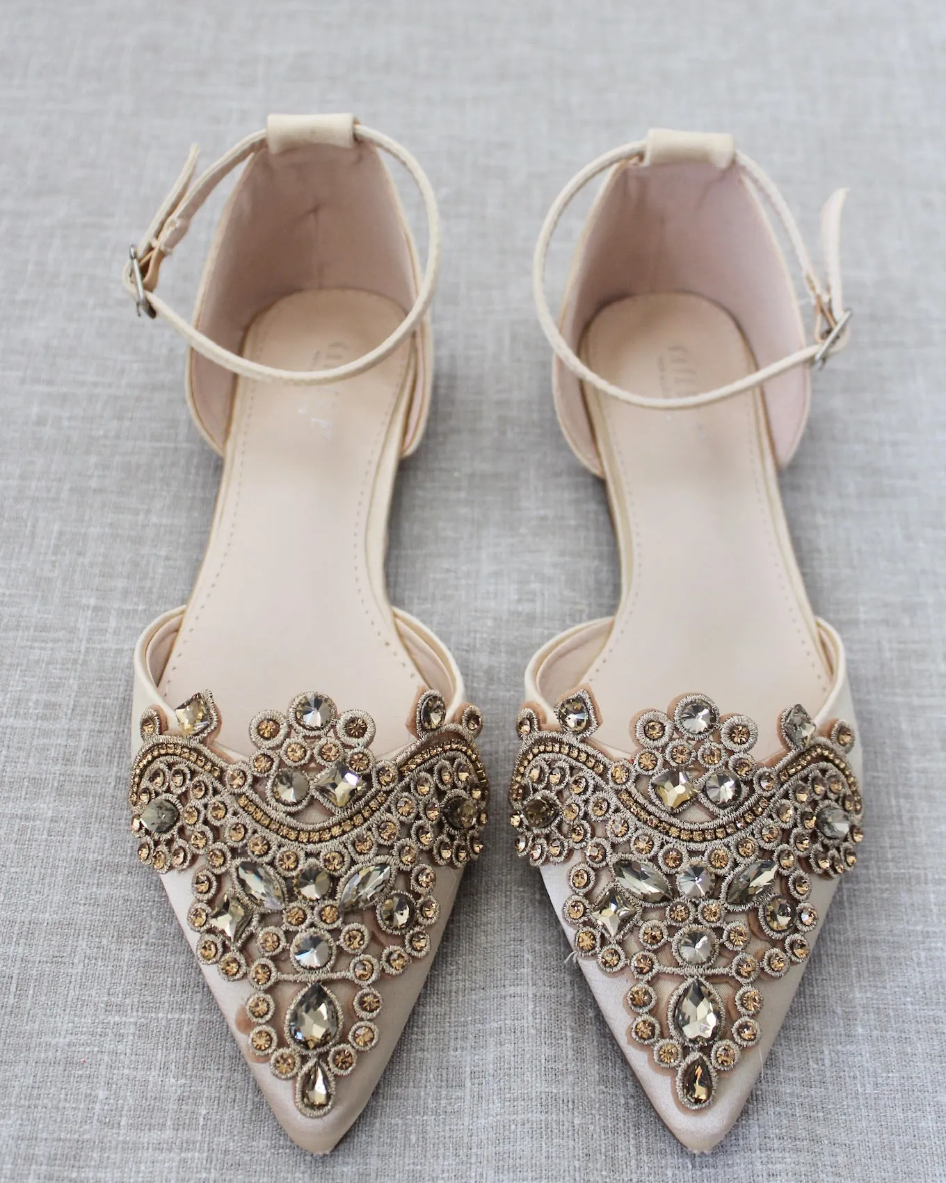 Champagne Satin Pointy Toe Flats with Oversized Rhinestones Applique Embellishments