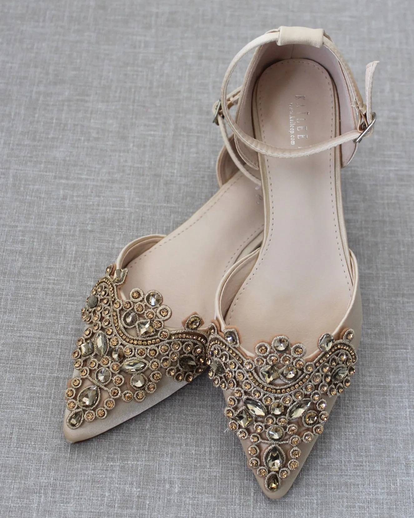 Champagne Satin Pointy Toe Flats with Oversized Rhinestones Applique Embellishments