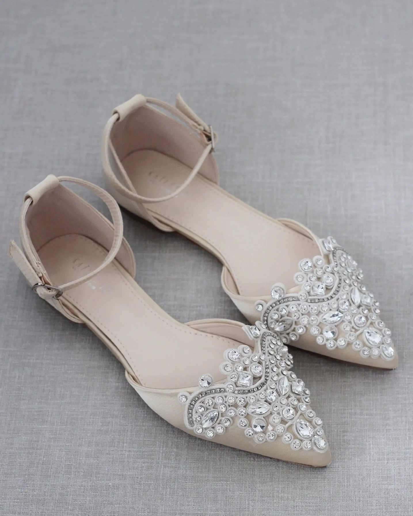 Champagne Satin Pointy Toe Flats with Oversized Rhinestones Applique Embellishments