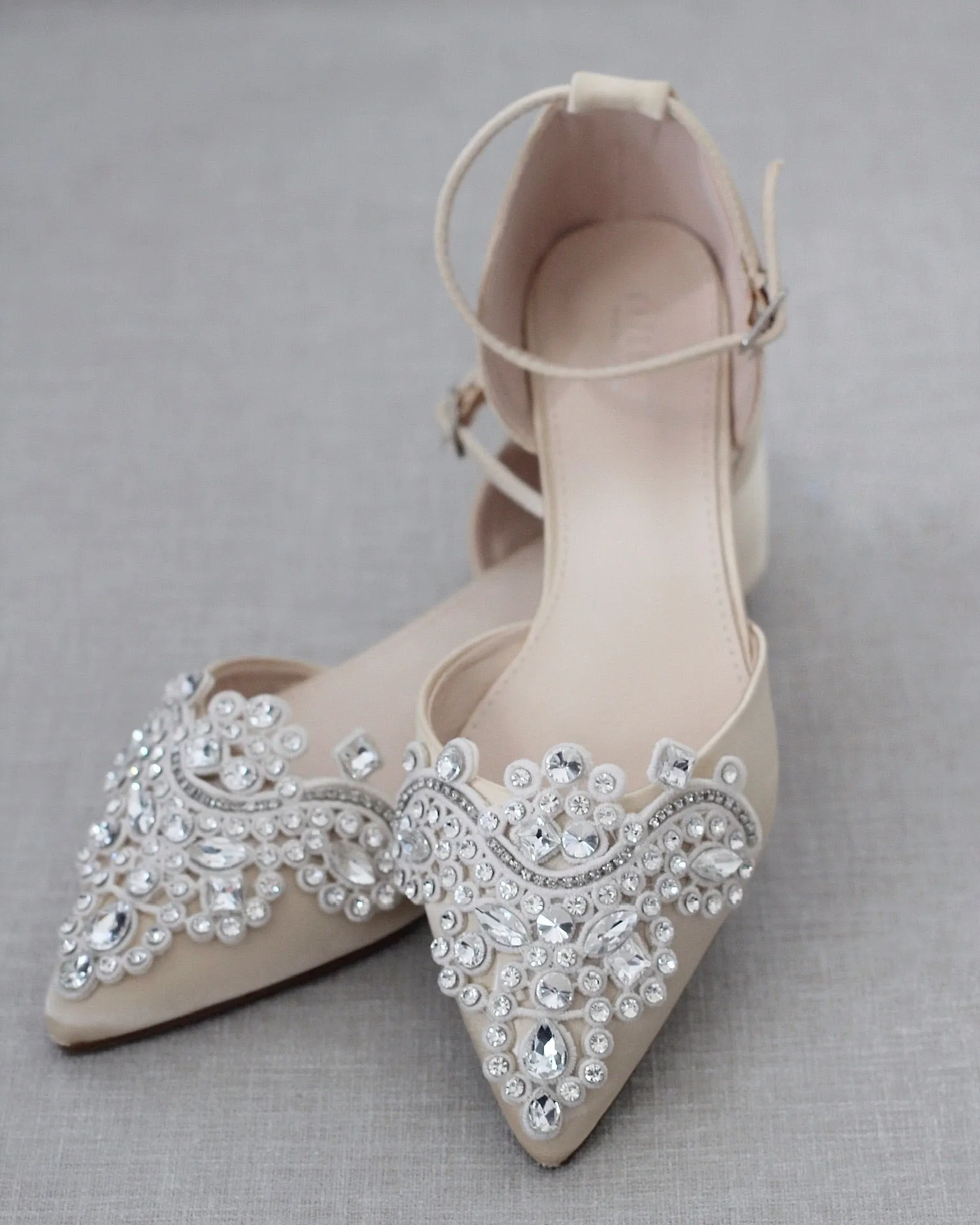 Champagne Satin Pointy Toe Flats with Oversized Rhinestones Applique Embellishments