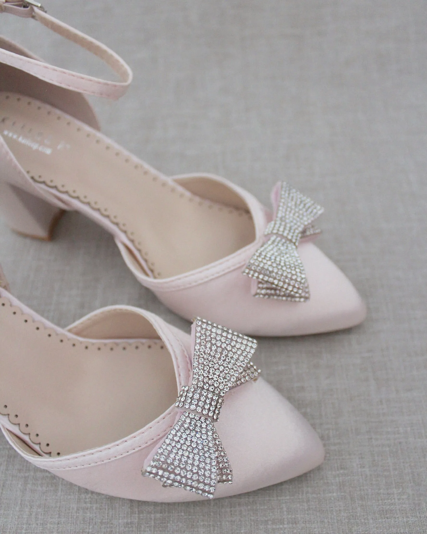 Dusty Pink Satin Block Heel Evening Shoes with Rhinestones Bow