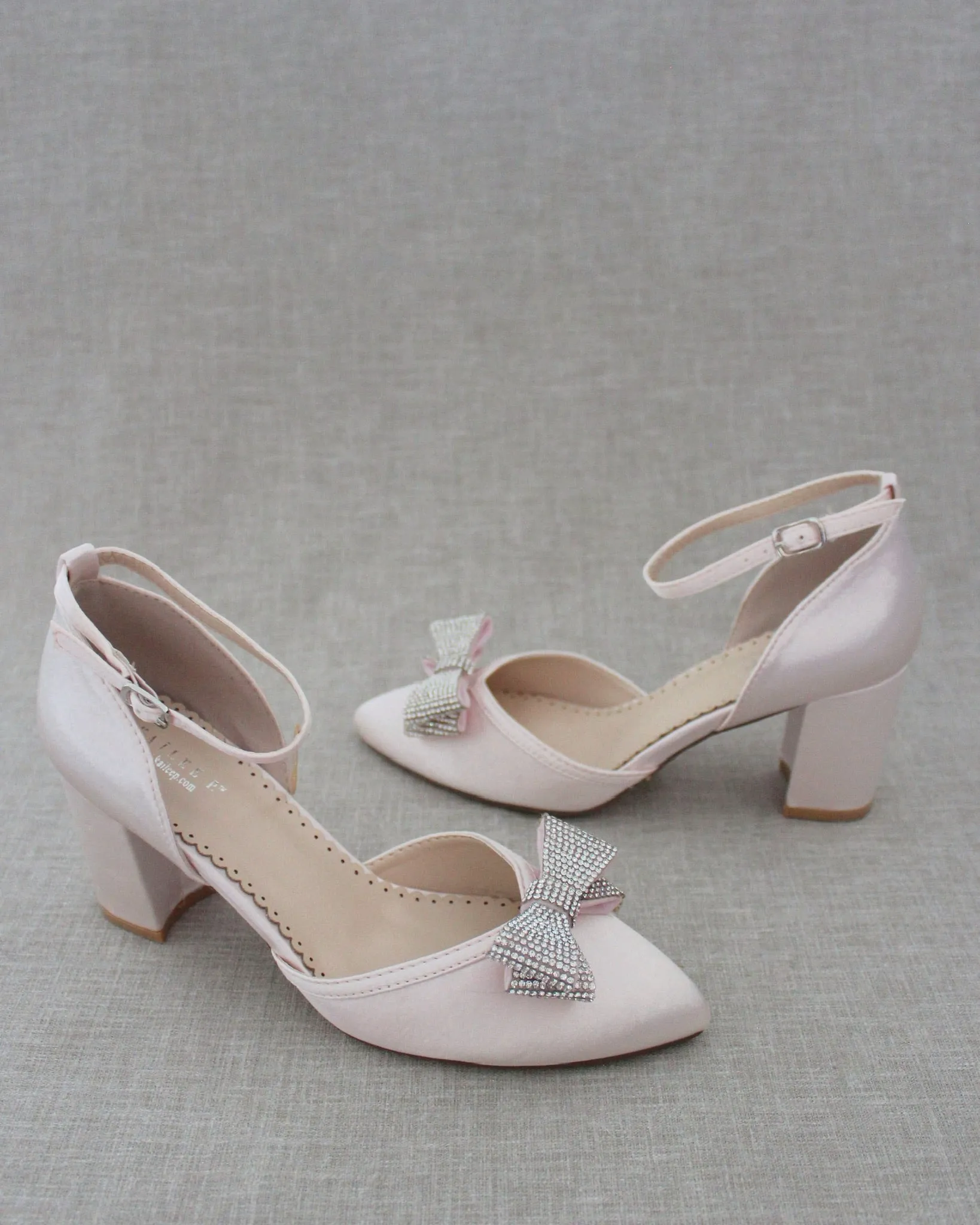 Dusty Pink Satin Block Heel Evening Shoes with Rhinestones Bow