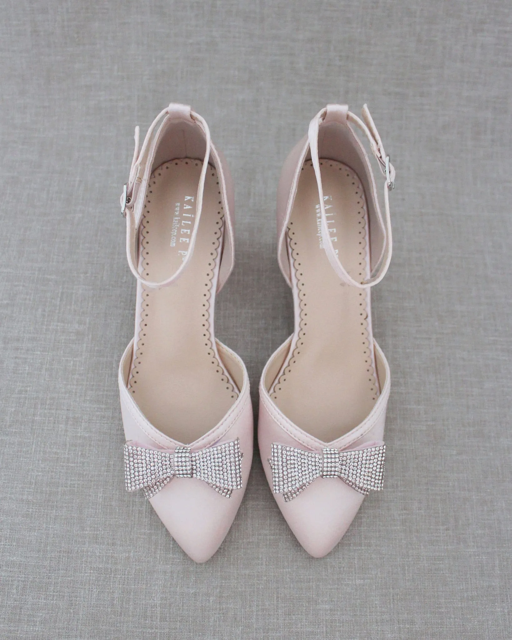 Dusty Pink Satin Block Heel Evening Shoes with Rhinestones Bow