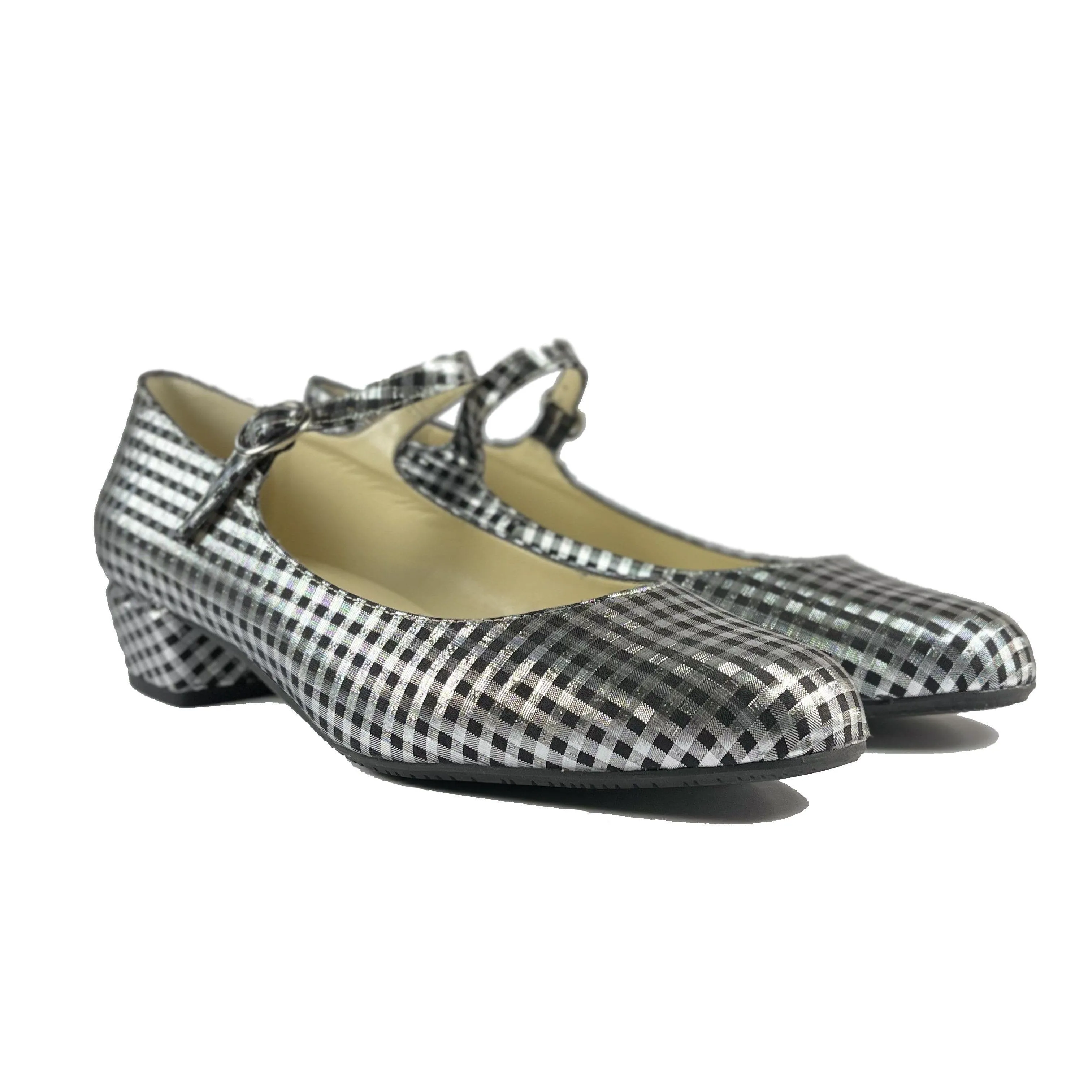 'Gracie' Mary-Jane vegan Low-Heels by Zette Shoes - Silver/black gingham