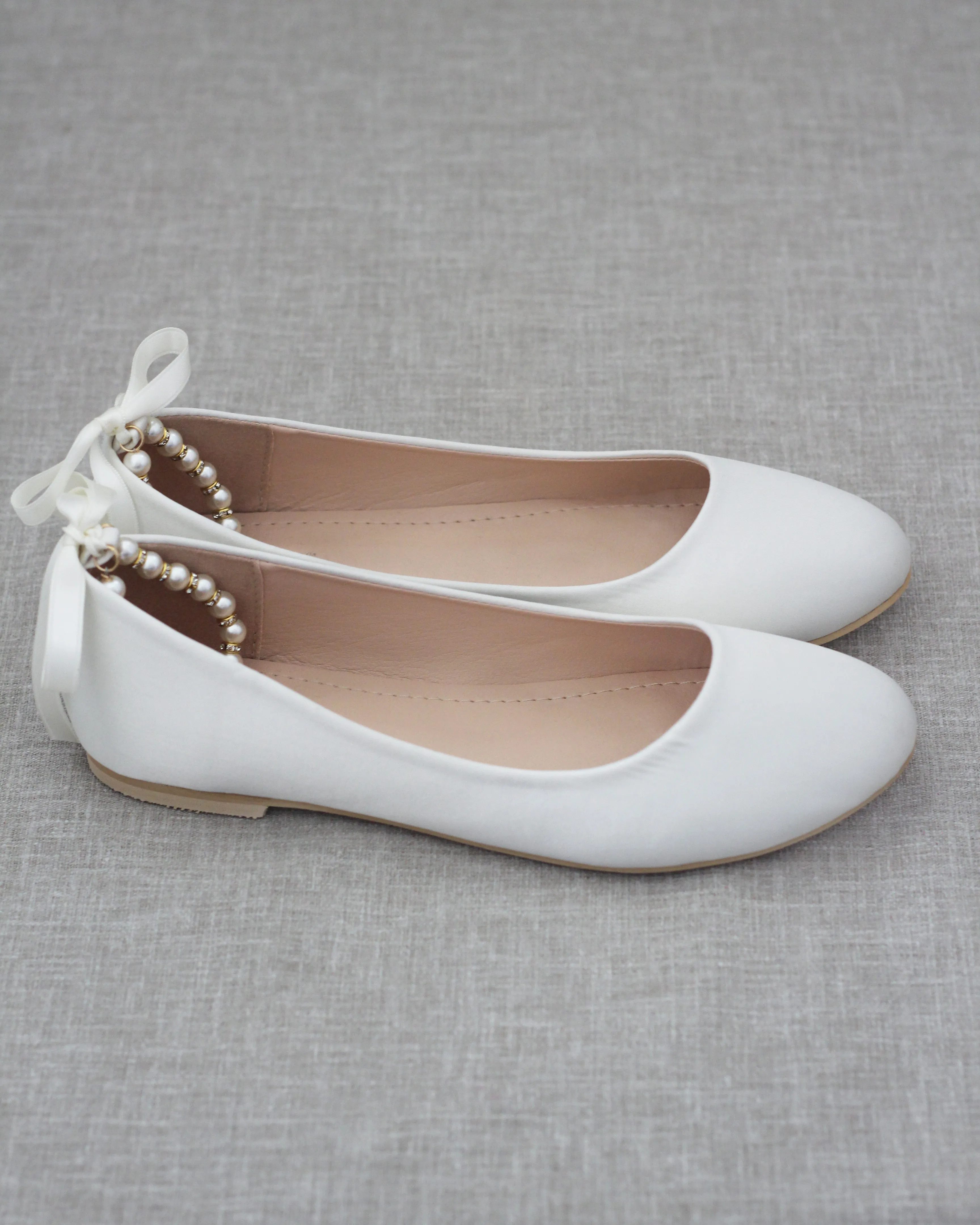 Ivory Bridal Round Toe Flat with Pearl Strap