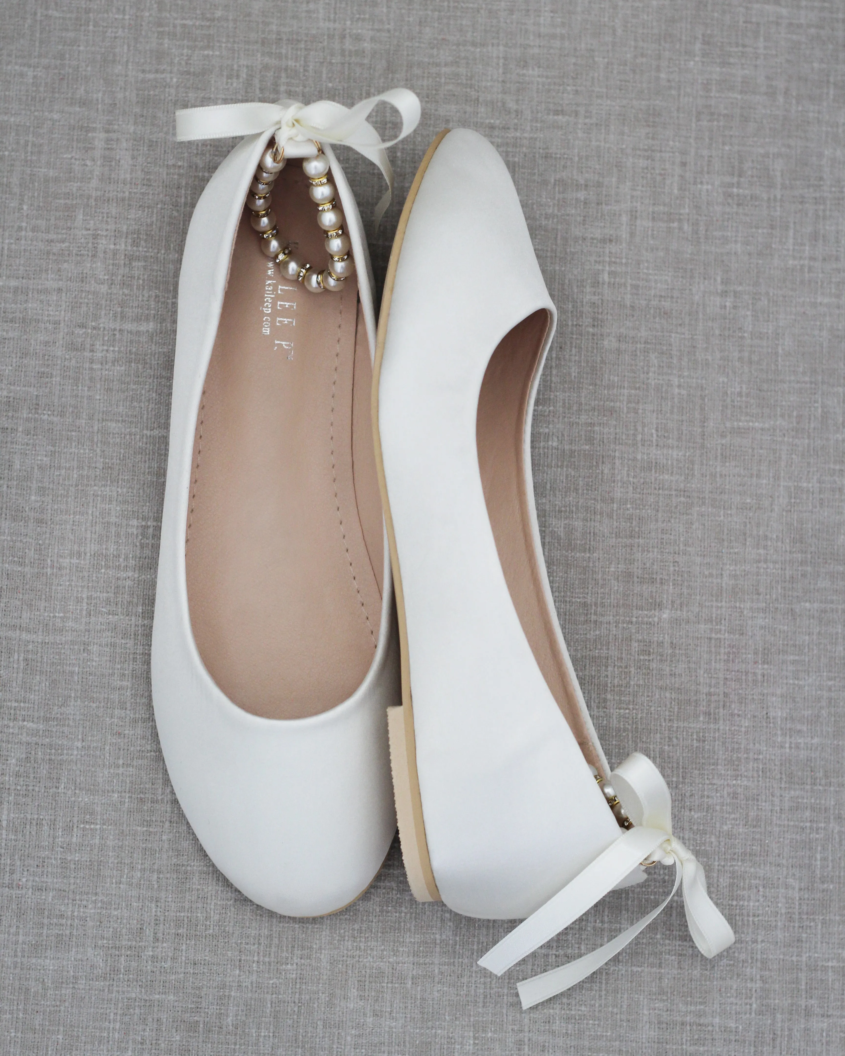 Ivory Bridal Round Toe Flat with Pearl Strap