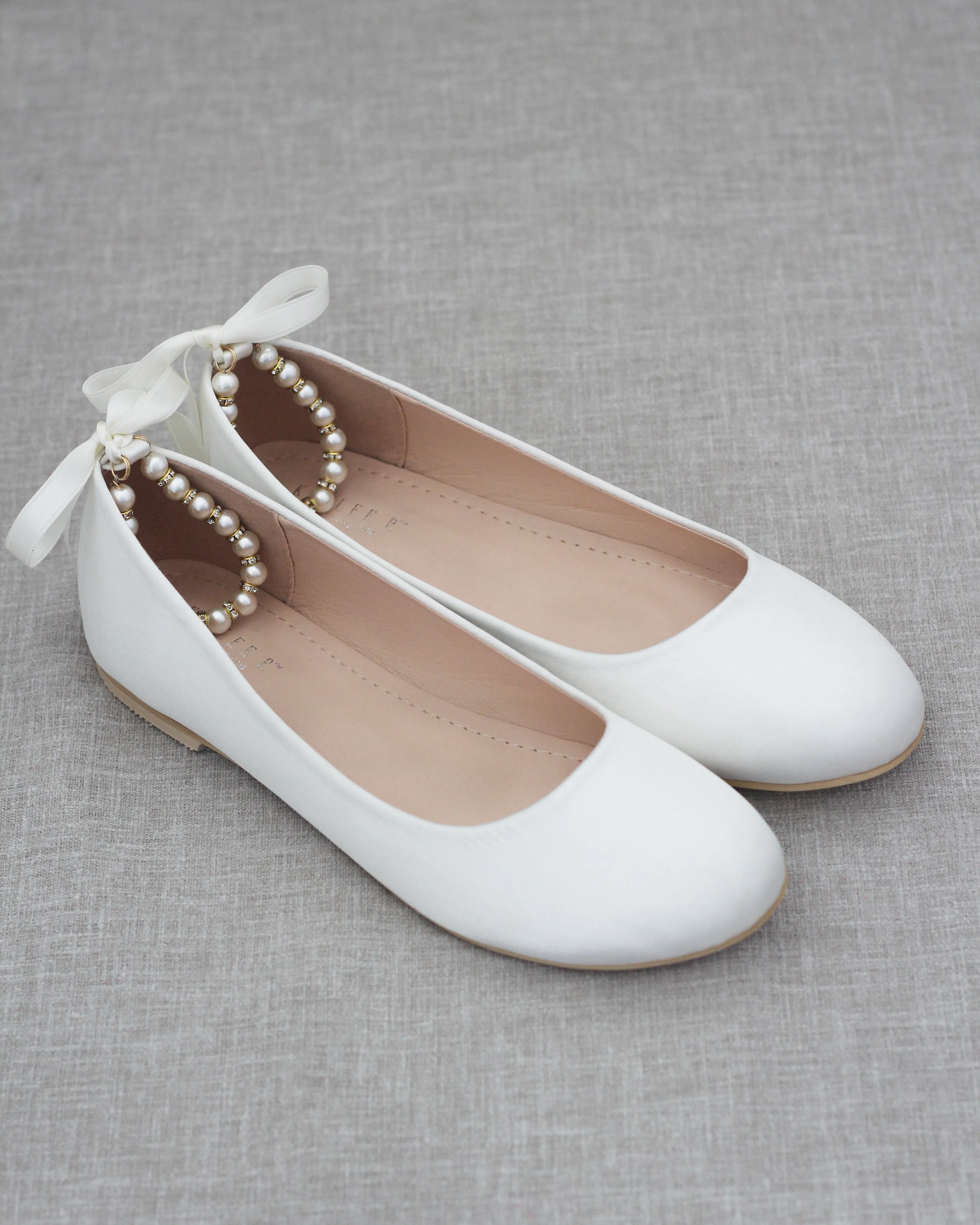 Ivory Bridal Round Toe Flat with Pearl Strap