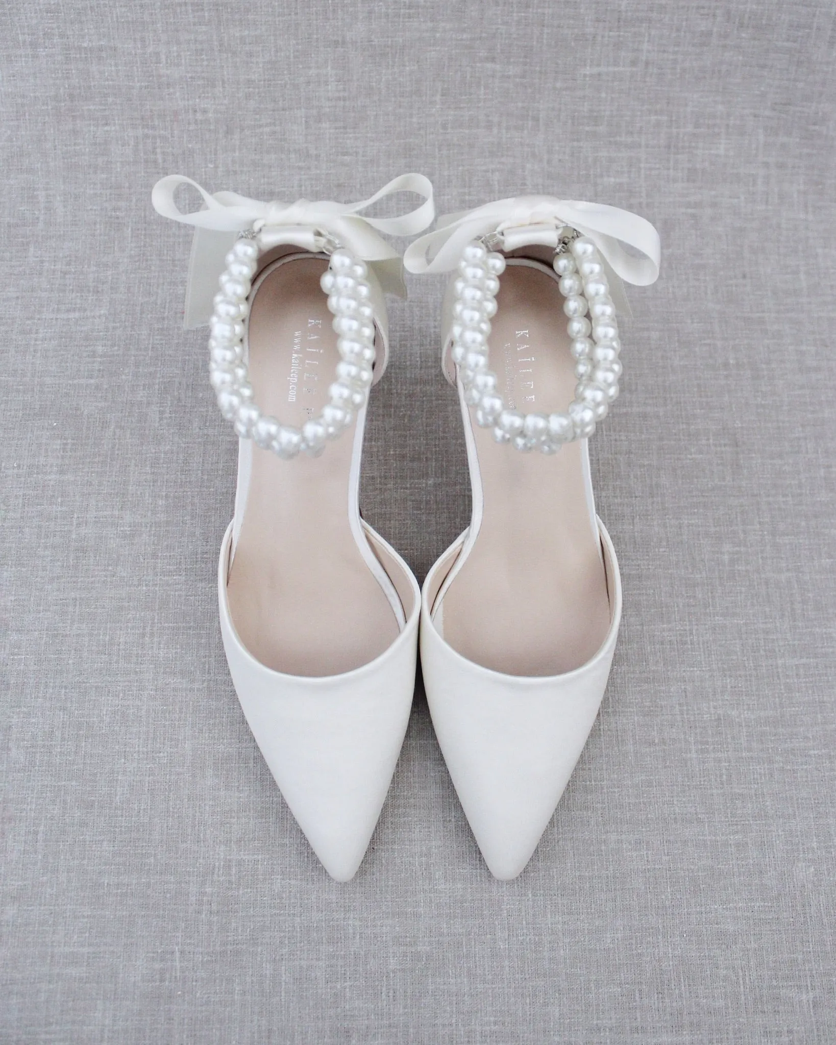 ivory Satin Bridal Shoes with Trinity Pearl Wrap