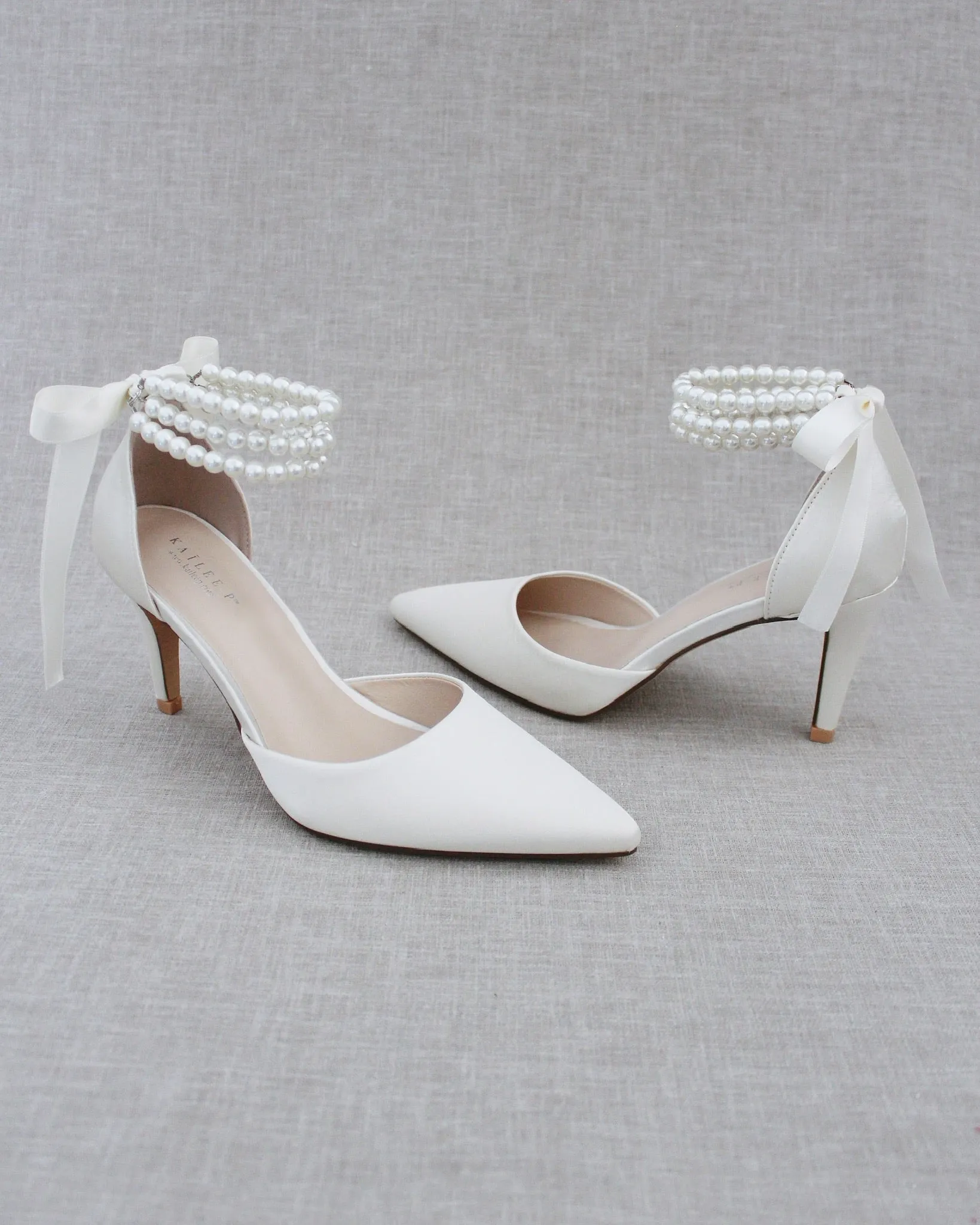 ivory Satin Bridal Shoes with Trinity Pearl Wrap