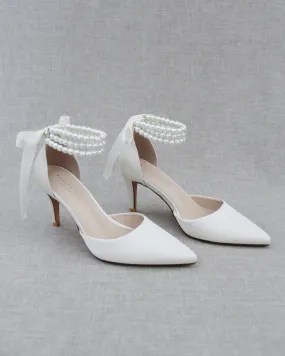 ivory Satin Bridal Shoes with Trinity Pearl Wrap