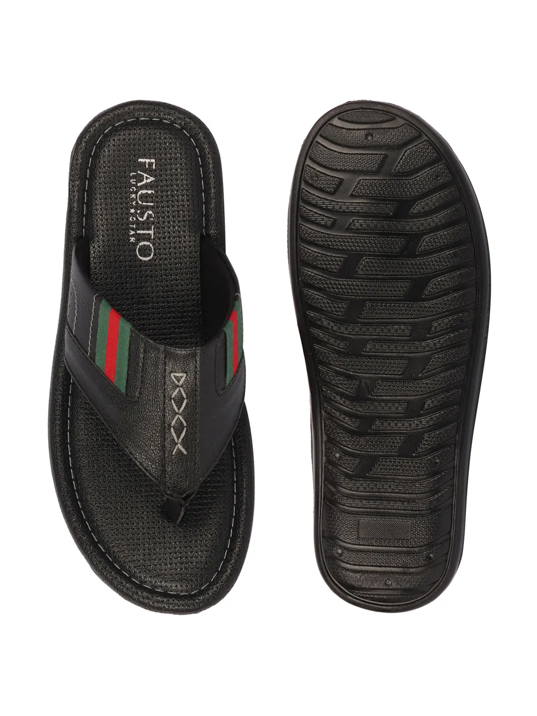 Men Black Colored Strip Design Indoor Outdoor Thong Slipper Sandals