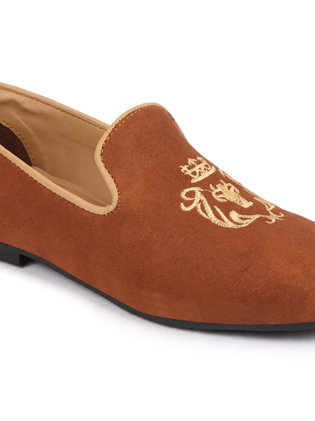 Men Tan Embroidered Velvet Slip On Loafers