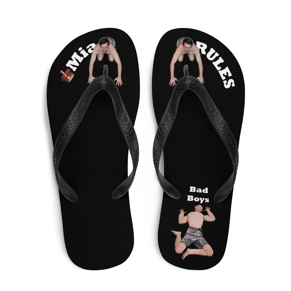 Mia Rules Flip Flops - 2 Tiny Men Look Up From Between Your Toes - 1 flat underheel