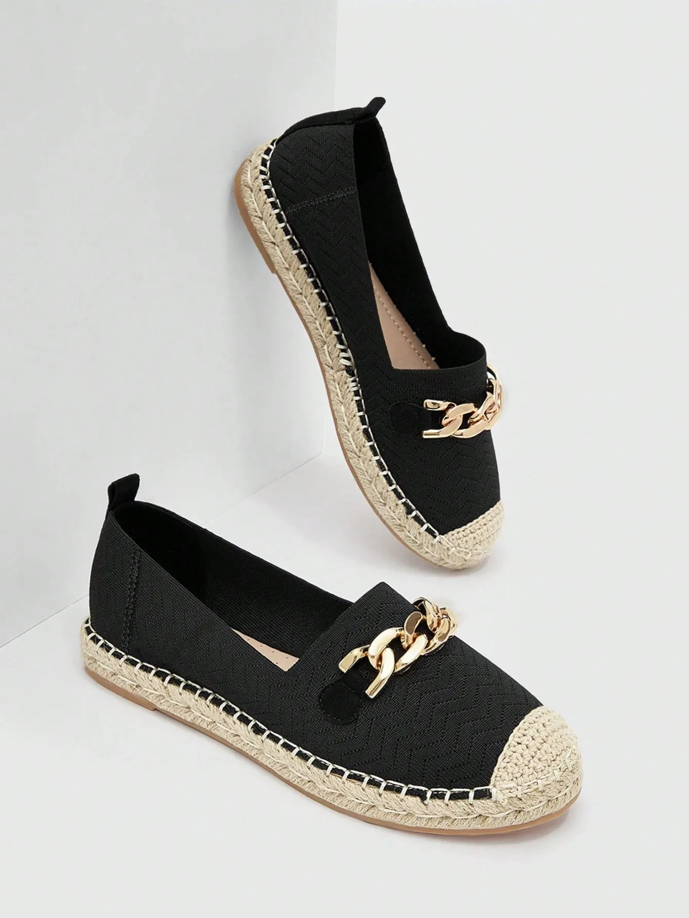 Women Black Metal Decor Espadrille Flats, Vacation Slip On Flats For Vacation