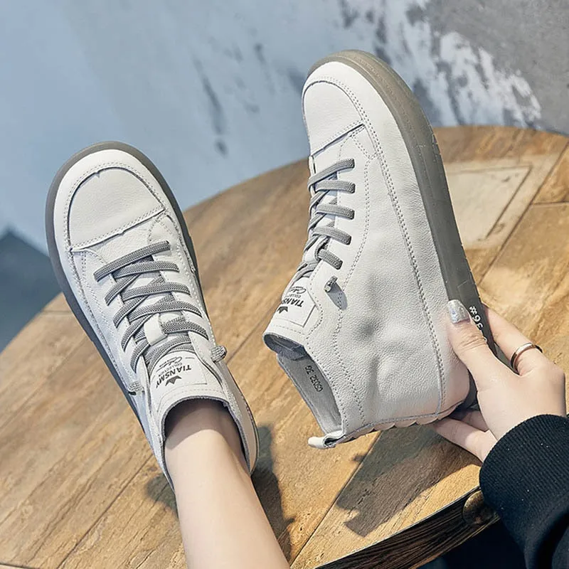 Women Genuine Leather Sneakers Spring High-top Casual Shoes Autumn First Layer Cowhide Ladies High Top Vulcanized Shoes