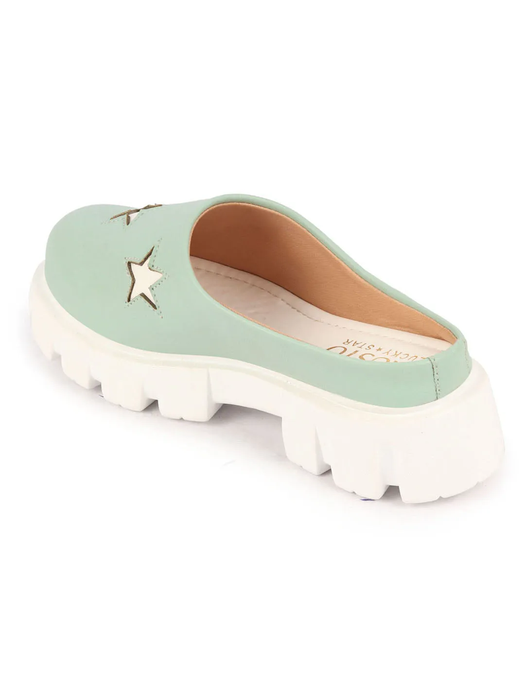 Women Pista Green Laser Cut Star Open Back Height Enhancer Slip On Casual Shoes