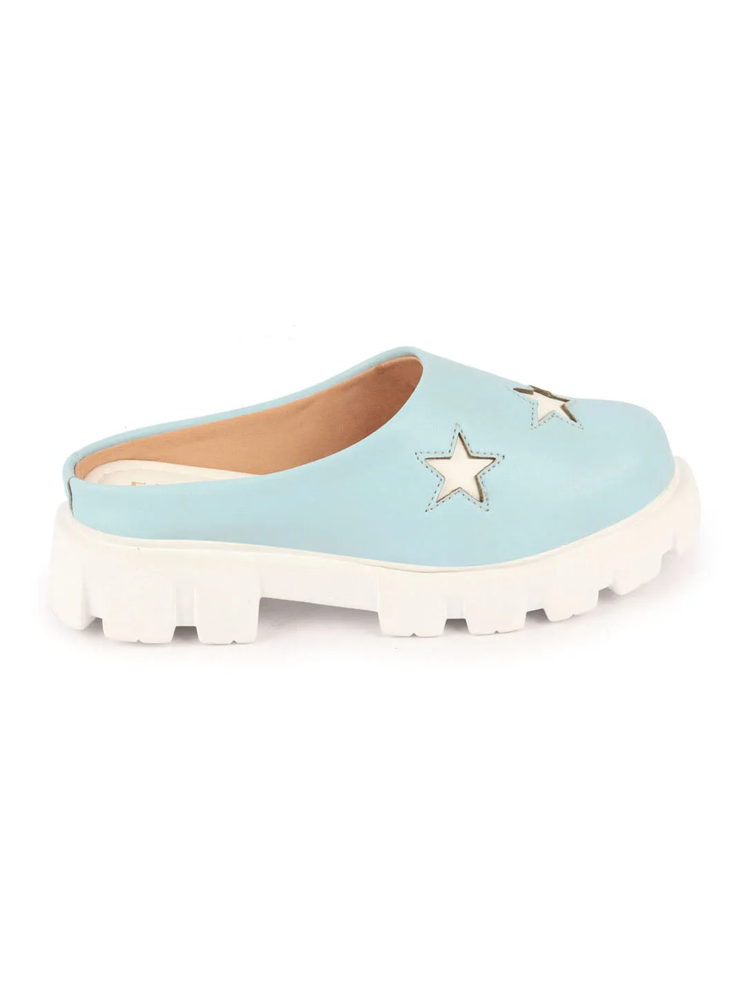 Women Sky Blue Laser Cut Star Open Back Height Enhancer Slip On Casual Shoes