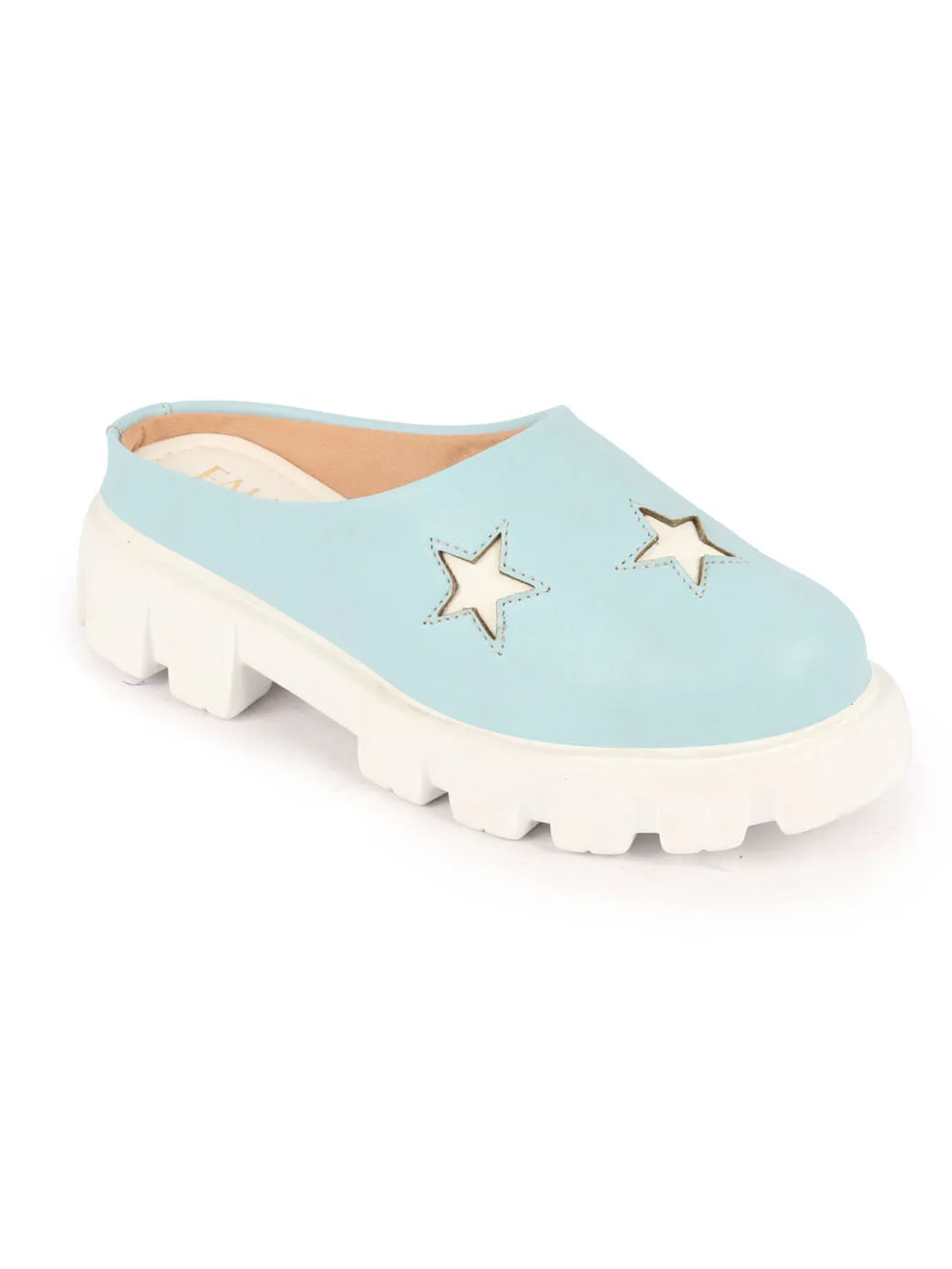 Women Sky Blue Laser Cut Star Open Back Height Enhancer Slip On Casual Shoes