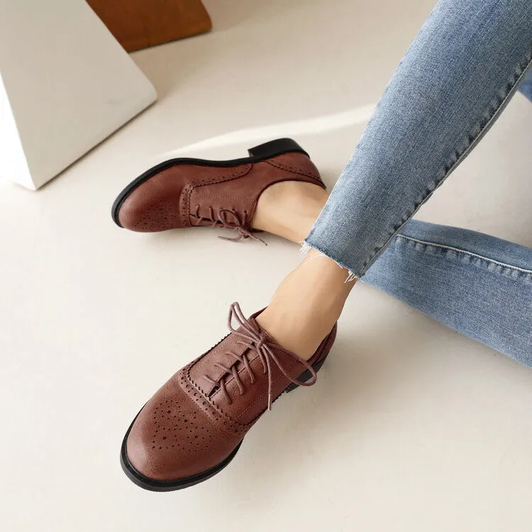 Women's Round Toe Carved Lace-Up Flat Oxford Shoes