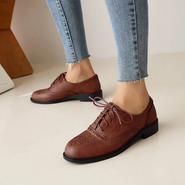 Women's Round Toe Carved Lace-Up Flat Oxford Shoes